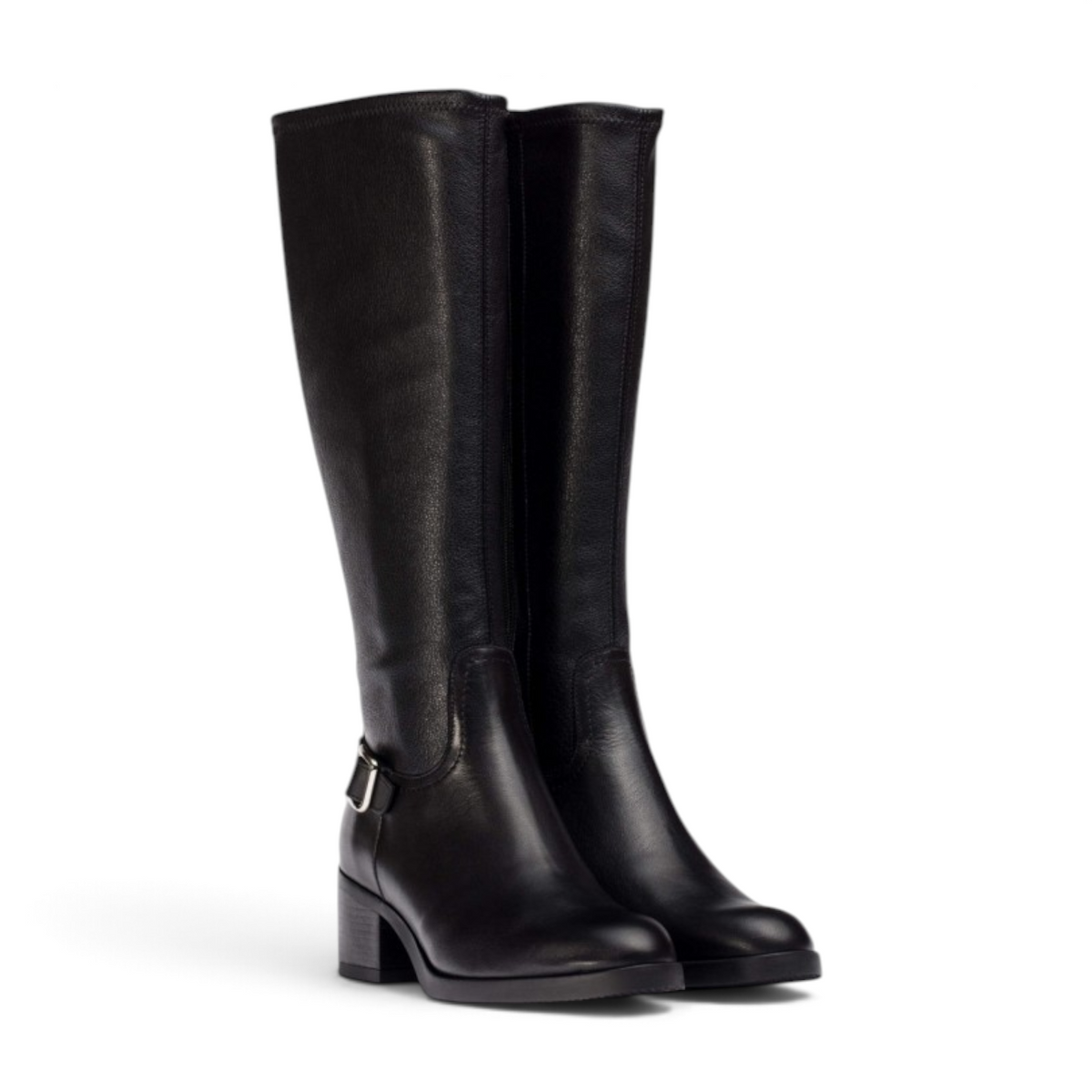 ShoeShop Wonders G-6242 black leather knee-high boots with a block heel and side buckle detail