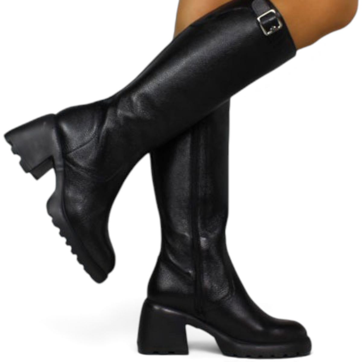 ShoeShop Wonders G-6713 black leather knee-high boots with a chunky block heel and side buckle detail