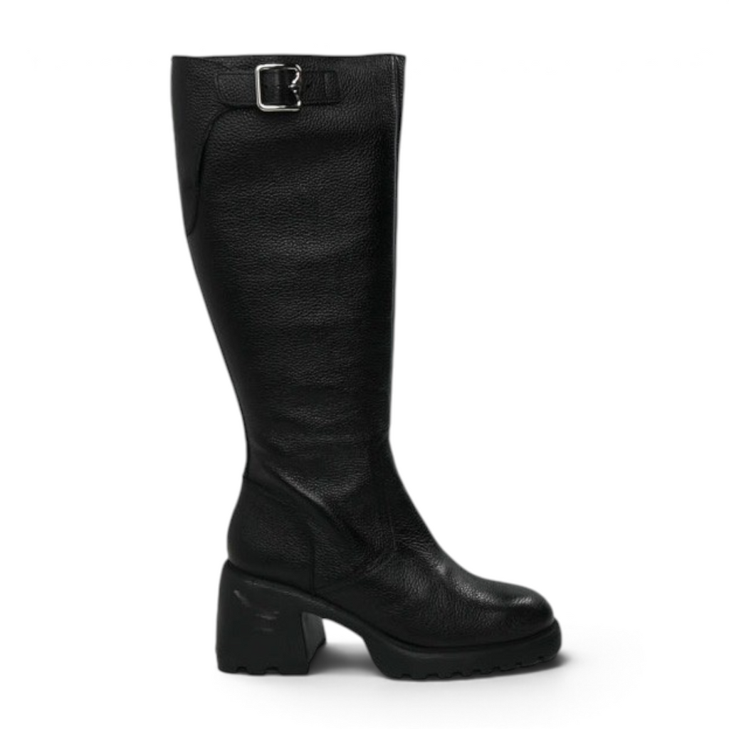 ShoeShop Wonders G-6713 black leather knee-high boots with a side buckle and chunky block heel