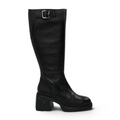 ShoeShop Wonders G-6713 black leather knee-high boots with a side buckle and chunky block heel