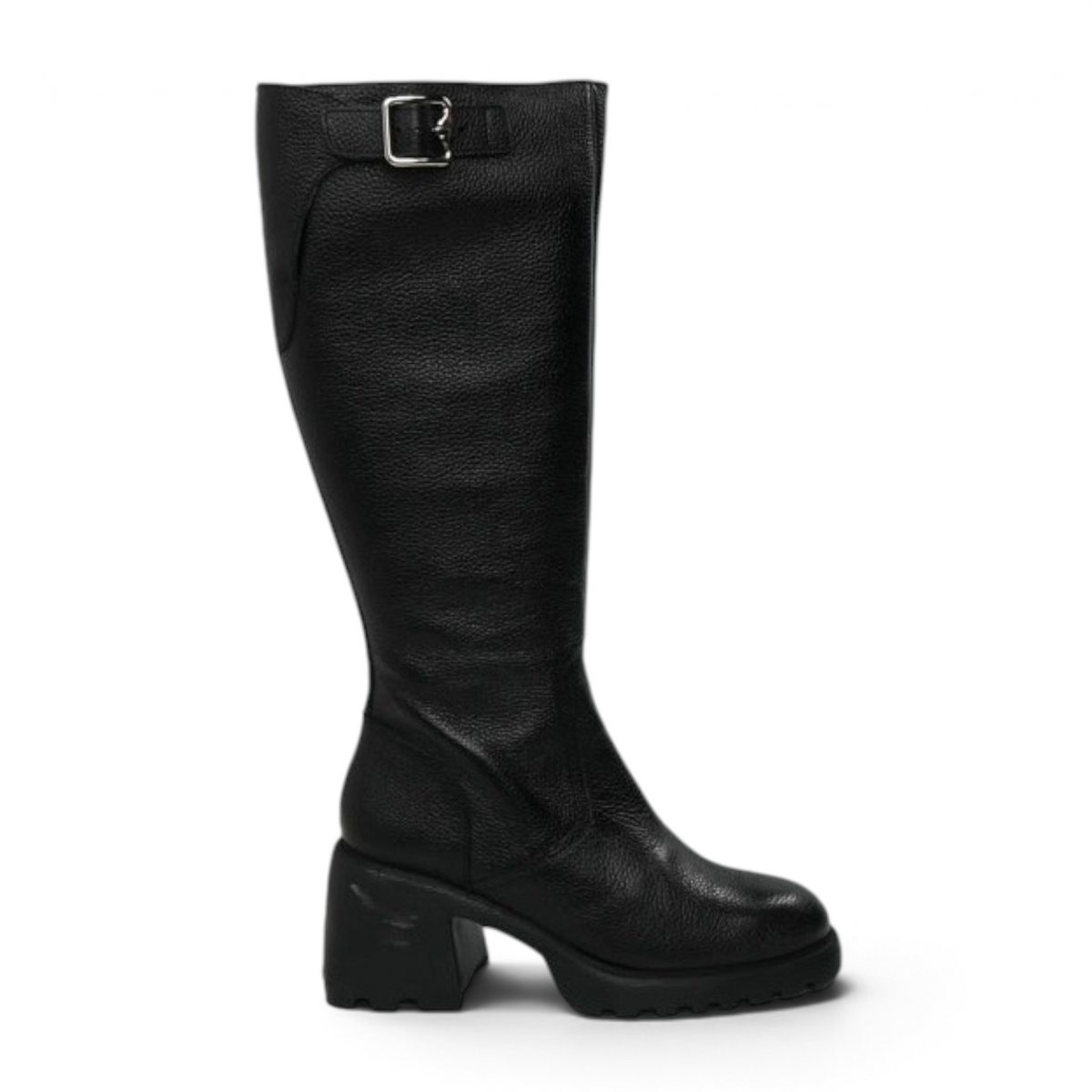 ShoeShop Wonders G-6713 black leather knee-high boots with a side buckle and chunky block heel