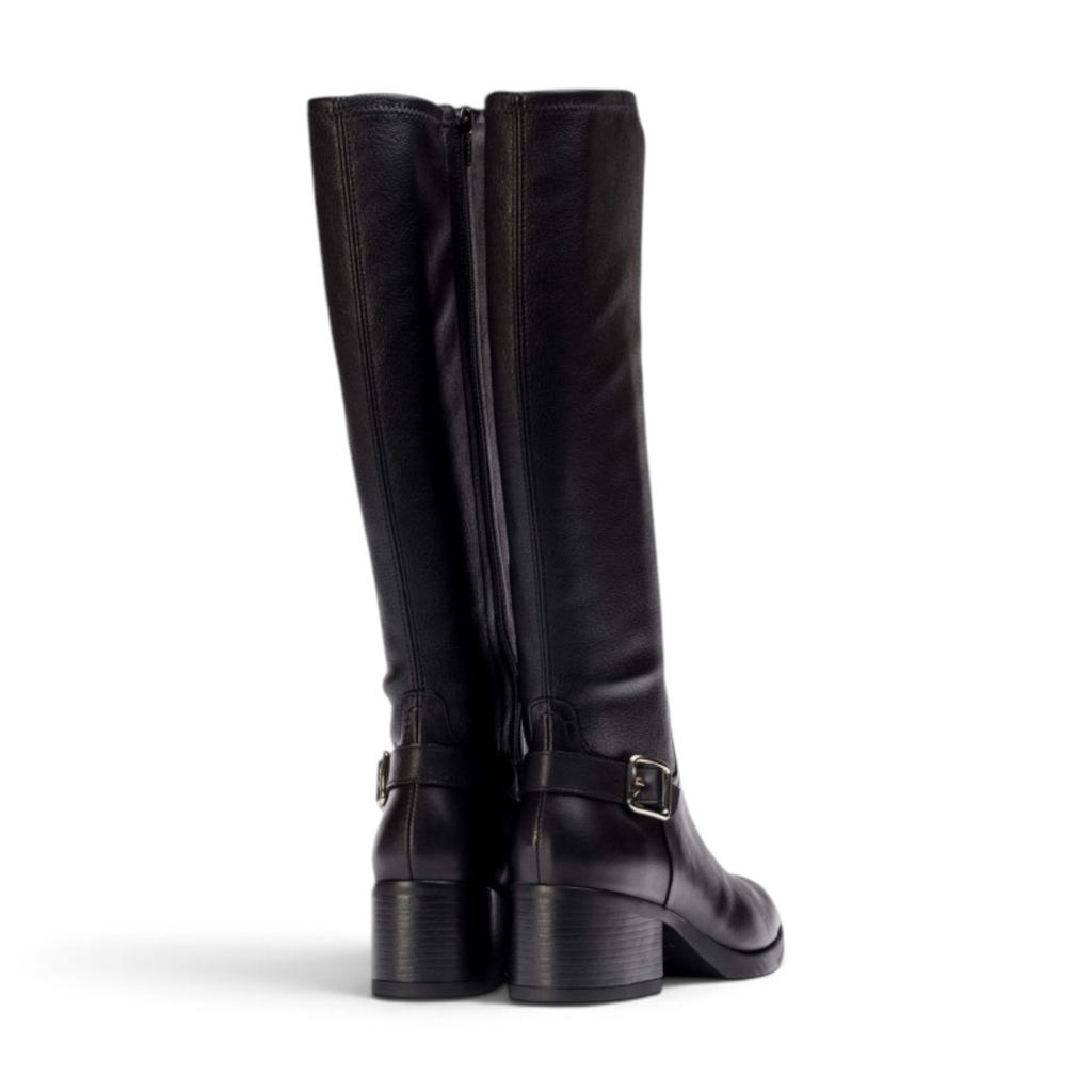 ShoeShop Wonders G-6242 black leather knee-high boots with a block heel and side buckle detail, rear view.