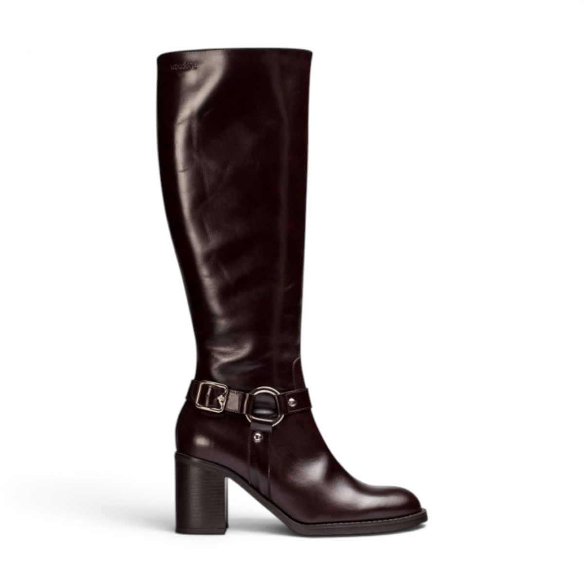 ShoeShop Wonders I-9203 dark brown leather knee-high boots with a block heel and decorative buckle strap detail