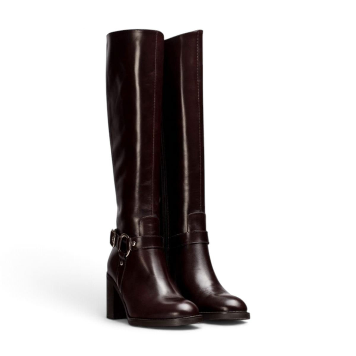 ShoeShop Wonders I-9203 dark brown leather knee-high boots with a block heel and decorative side buckle strap