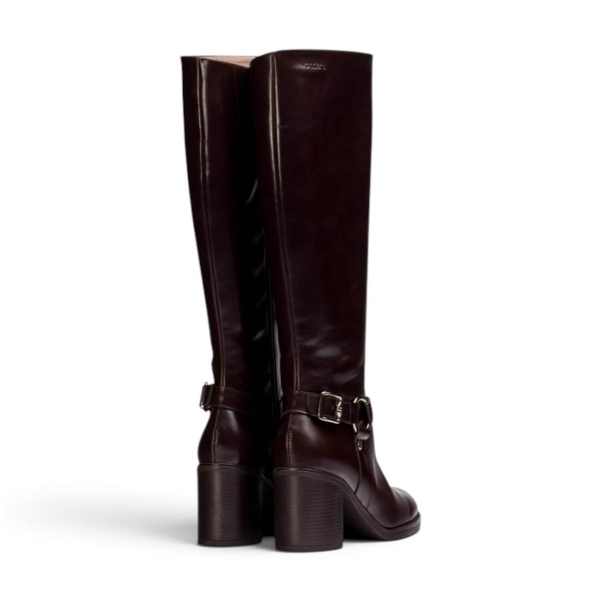 ShoeShop Wonders I-9203 dark brown leather knee-high boots with block heel and side buckle detail, rear view.