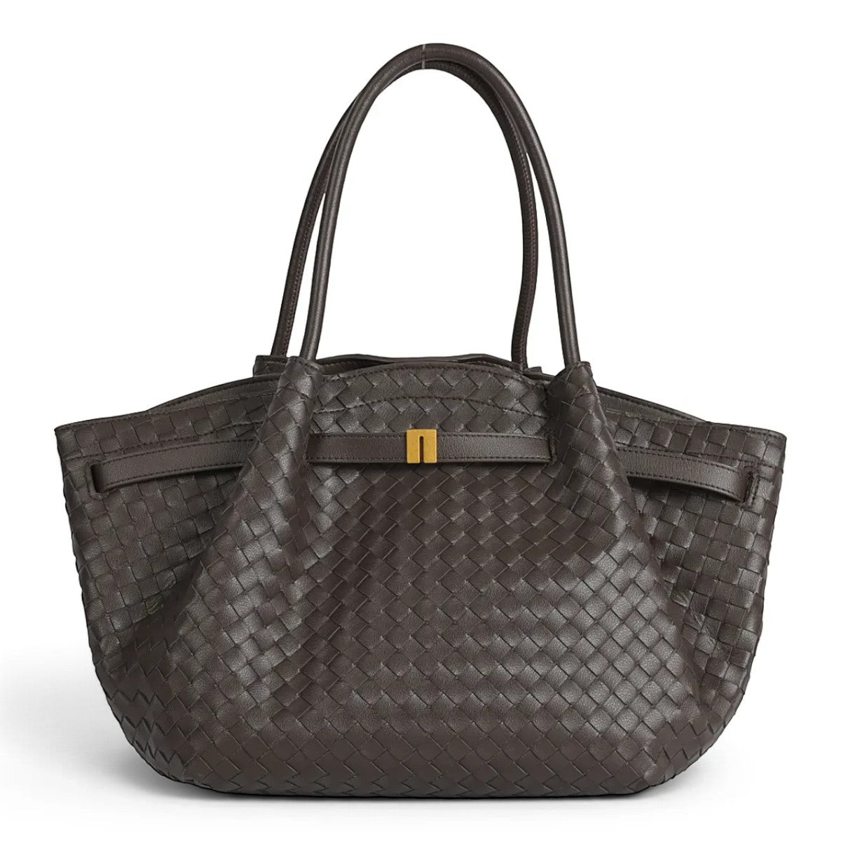 ShoeShop dark brown woven leather handbag with gold magnetic clasp and detachable shoulder strap