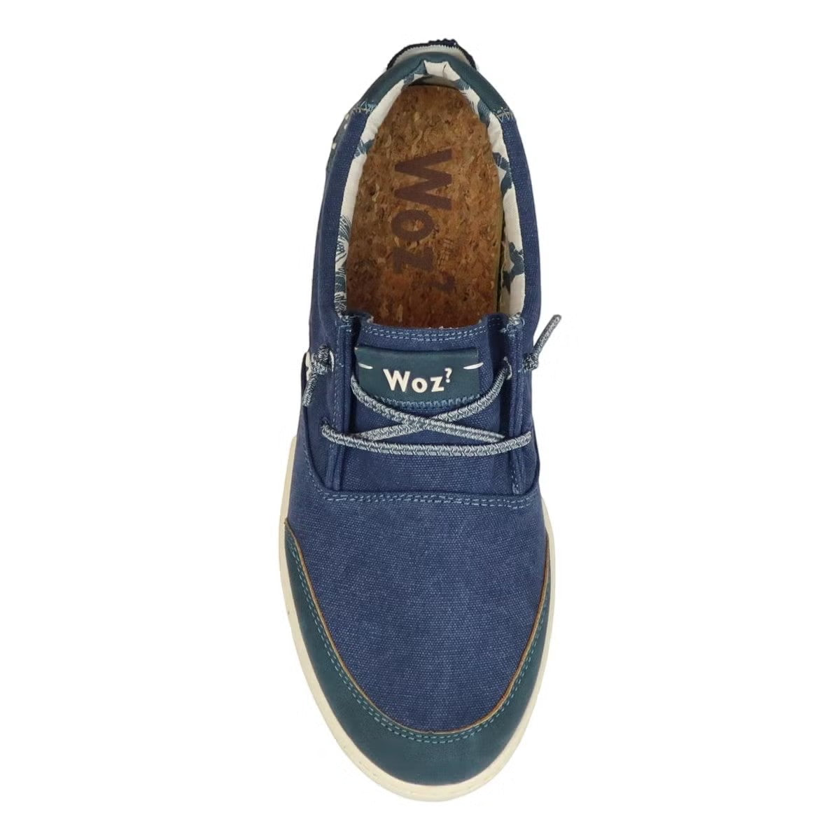ShoeShop Woz EDDY blue textile slip-on shoe with cork insole and EVA sole, top-down view