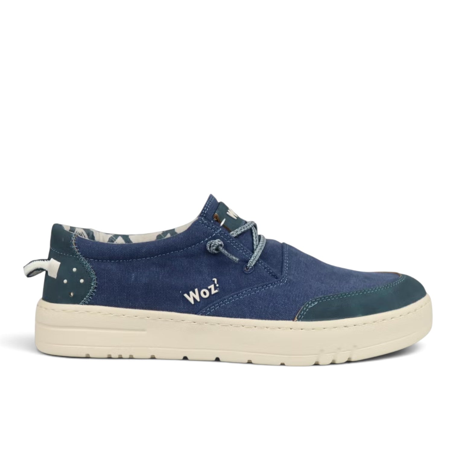 ShoeShop Woz EDDY blue textile slip-on sneakers with cork insole and white EVA sole, side view