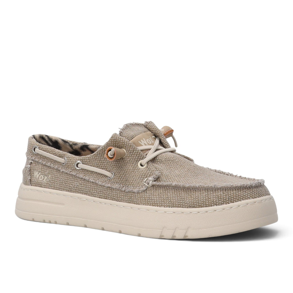 ShoeShop Woz JAMES beige canvas boat shoes with frayed edges and leopard print lining