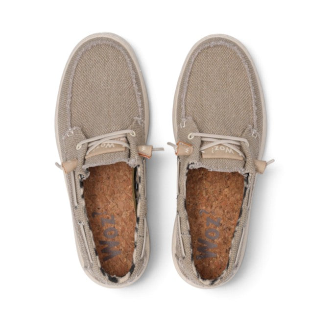 ShoeShop Woz JAMES beige canvas slip-on shoes with cork insoles and frayed edge detailing