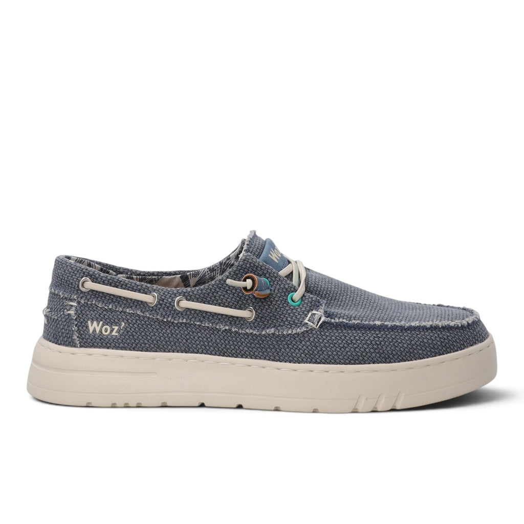 ShoeShop Woz JAMES blue canvas boat shoes with a thick beige rubber sole and frayed edge detailing
