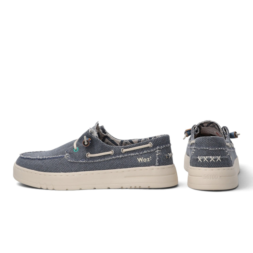 ShoeShop Woz JAMES blue canvas boat shoes with frayed edges and a thick cream rubber sole, side and back view.