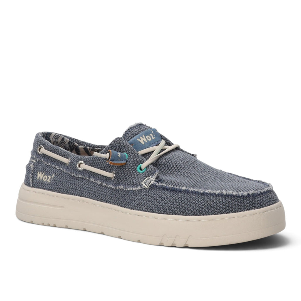 ShoeShop Woz JAMES blue textile boat shoe with a thick cream rubber sole and frayed edge detailing