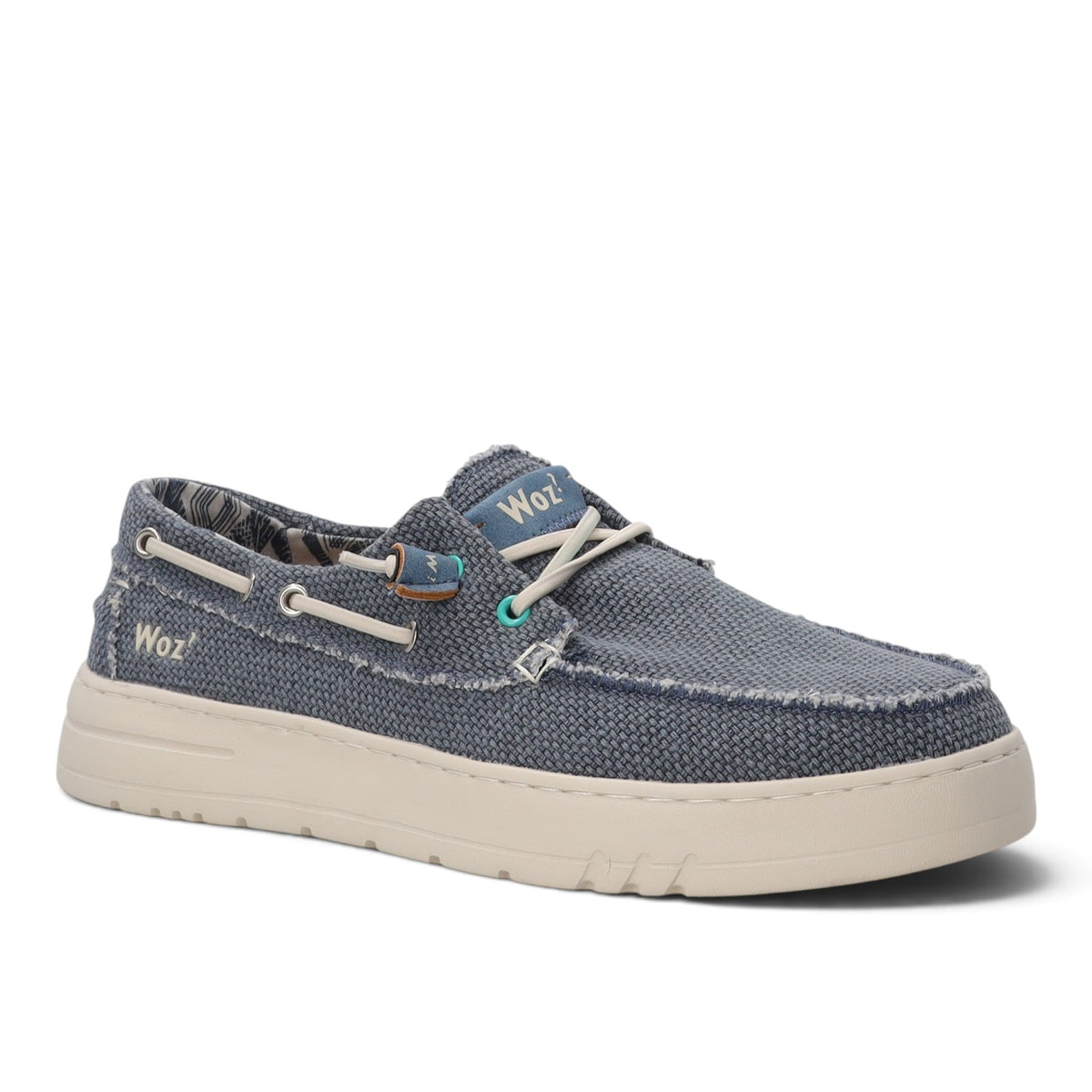 ShoeShop Woz JAMES blue textile boat shoe with a thick cream rubber sole and frayed edge detailing