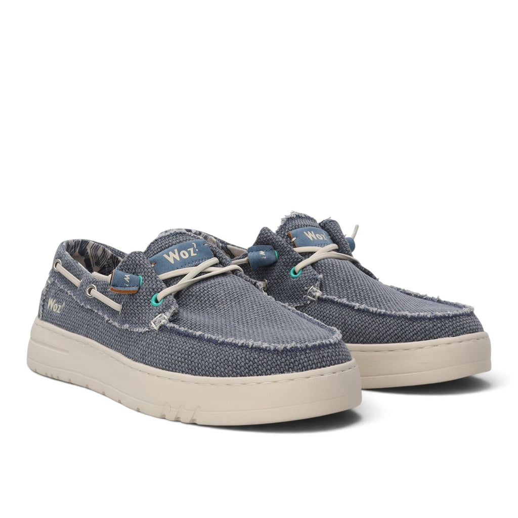 ShoeShop Woz JAMES blue textile casual boat shoes with frayed edges and thick beige rubber soles
