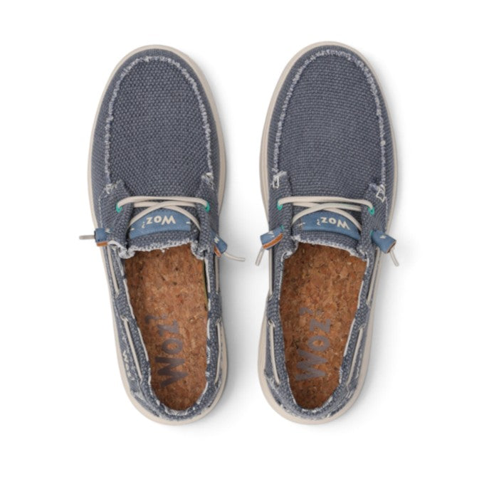 ShoeShop Woz JAMES blue textile slip-on shoes with cork insoles and frayed edge detailing, top view.