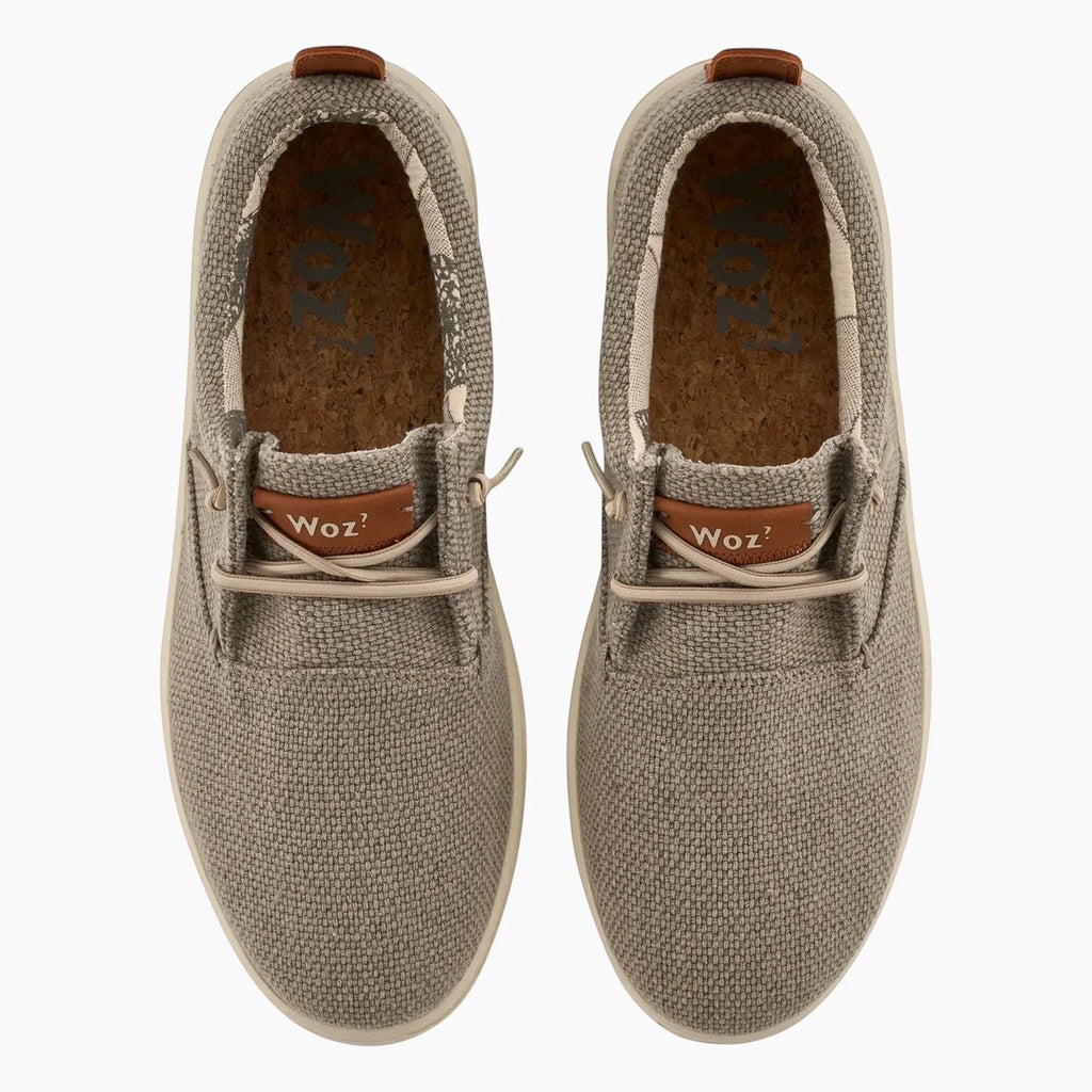 Top view of ShoeShop Woz ROBBIE beige canvas casual sneakers with cork insoles and brown leather logo accents