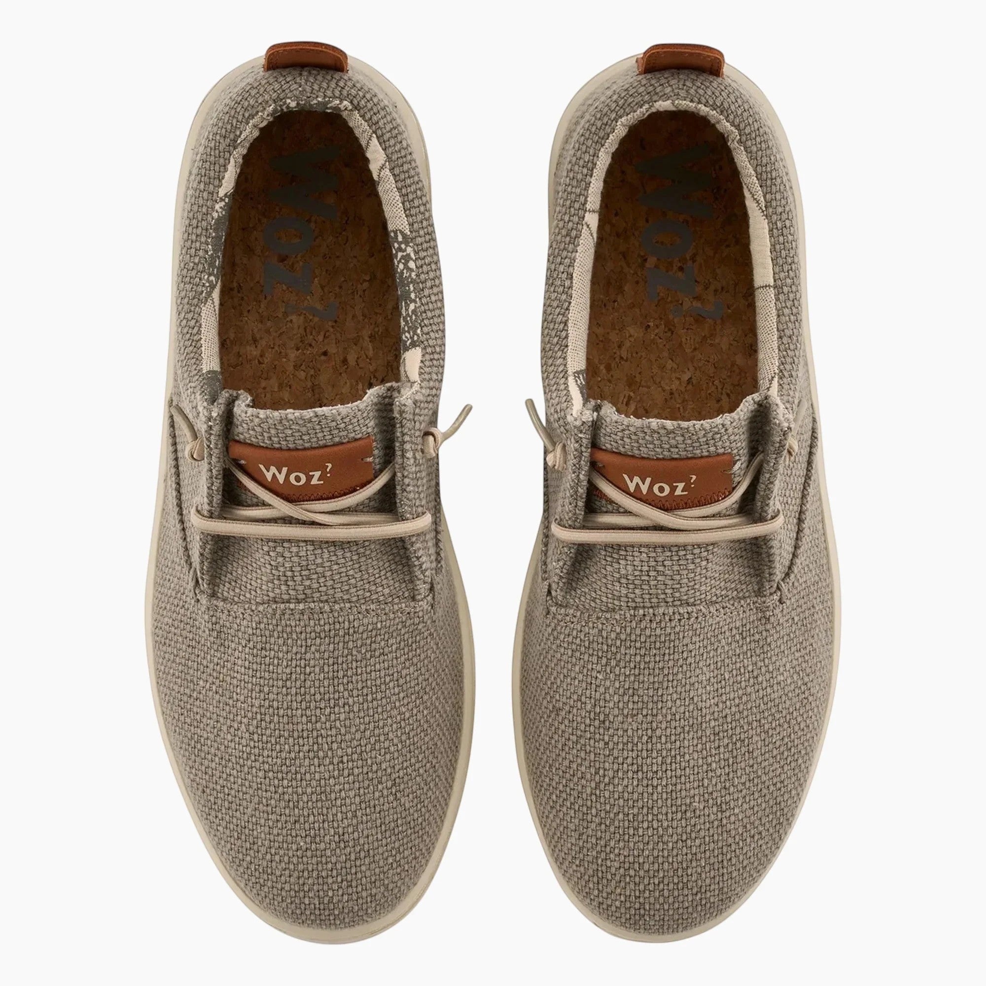 Top view of ShoeShop Woz ROBBIE beige canvas casual sneakers with cork insoles and brown leather logo accents