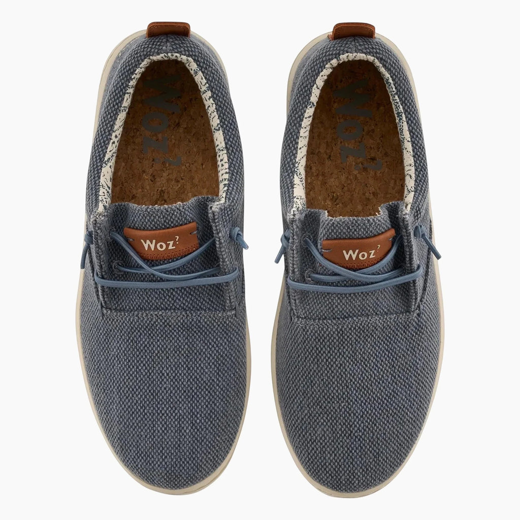 ShoeShop Woz ROBBIE blue canvas casual slip-on shoes with cork insoles and brown leather logo accents