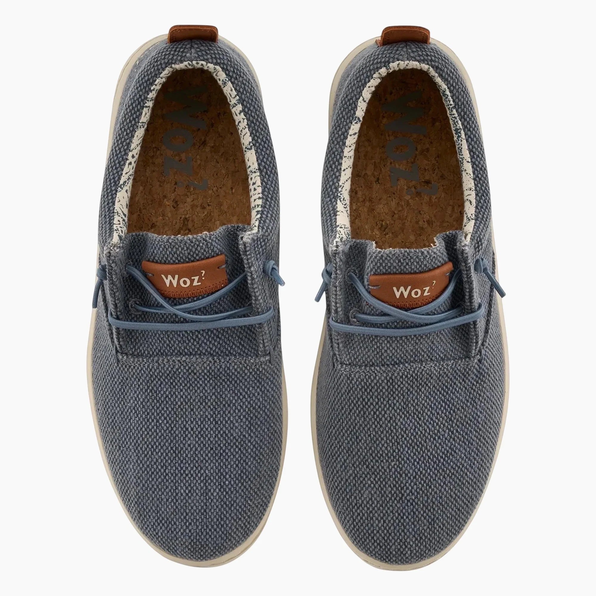 ShoeShop Woz ROBBIE blue canvas casual slip-on shoes with cork insoles and brown leather logo accents