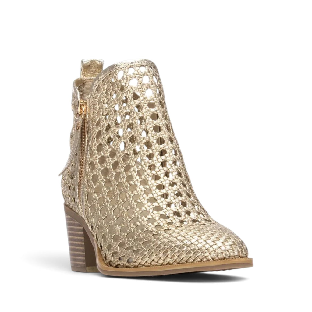 ShoeShop XTI 145267 gold metallic woven ankle boots with a side zipper and stacked block heel