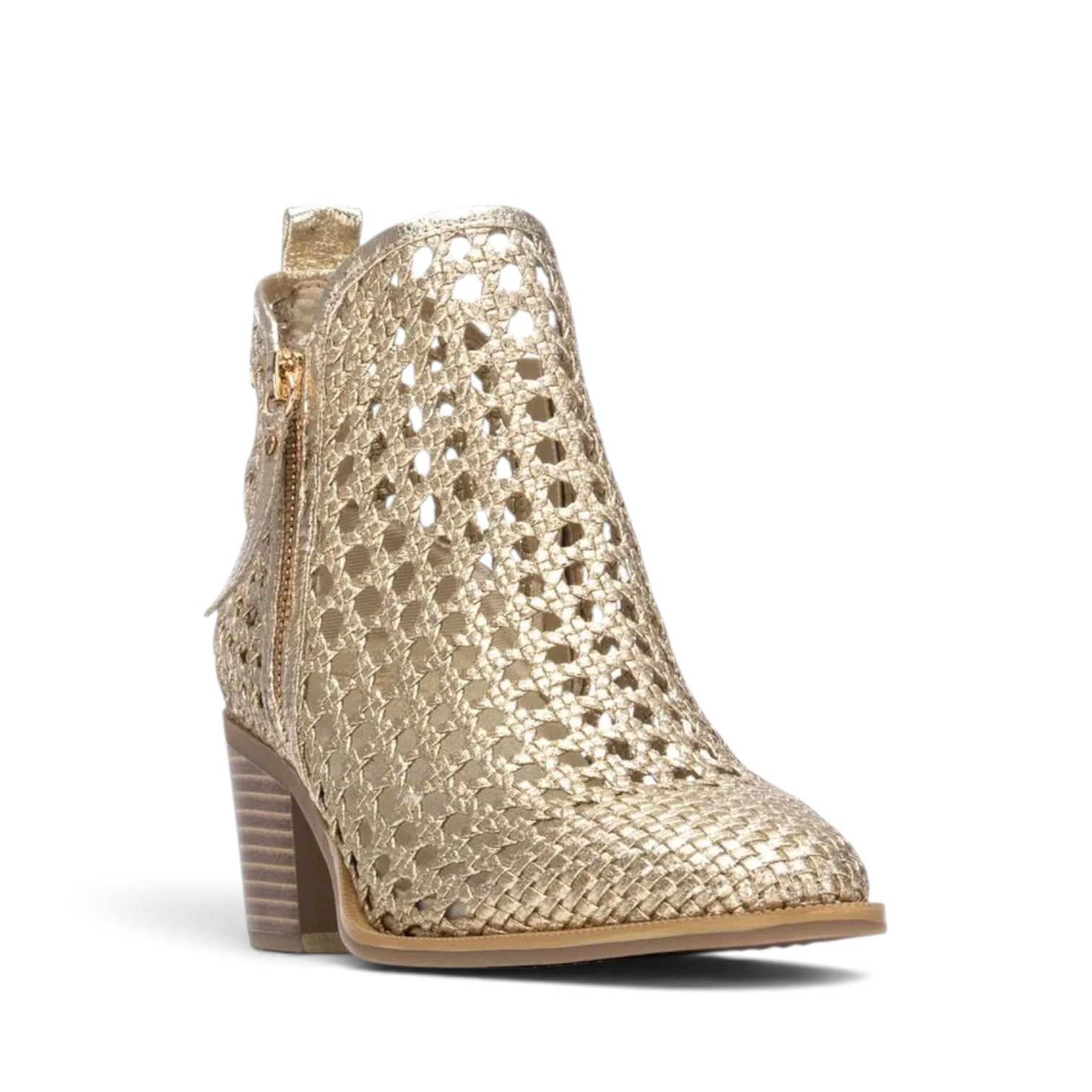 ShoeShop XTI 145267 gold metallic woven ankle boots with a side zipper and stacked block heel