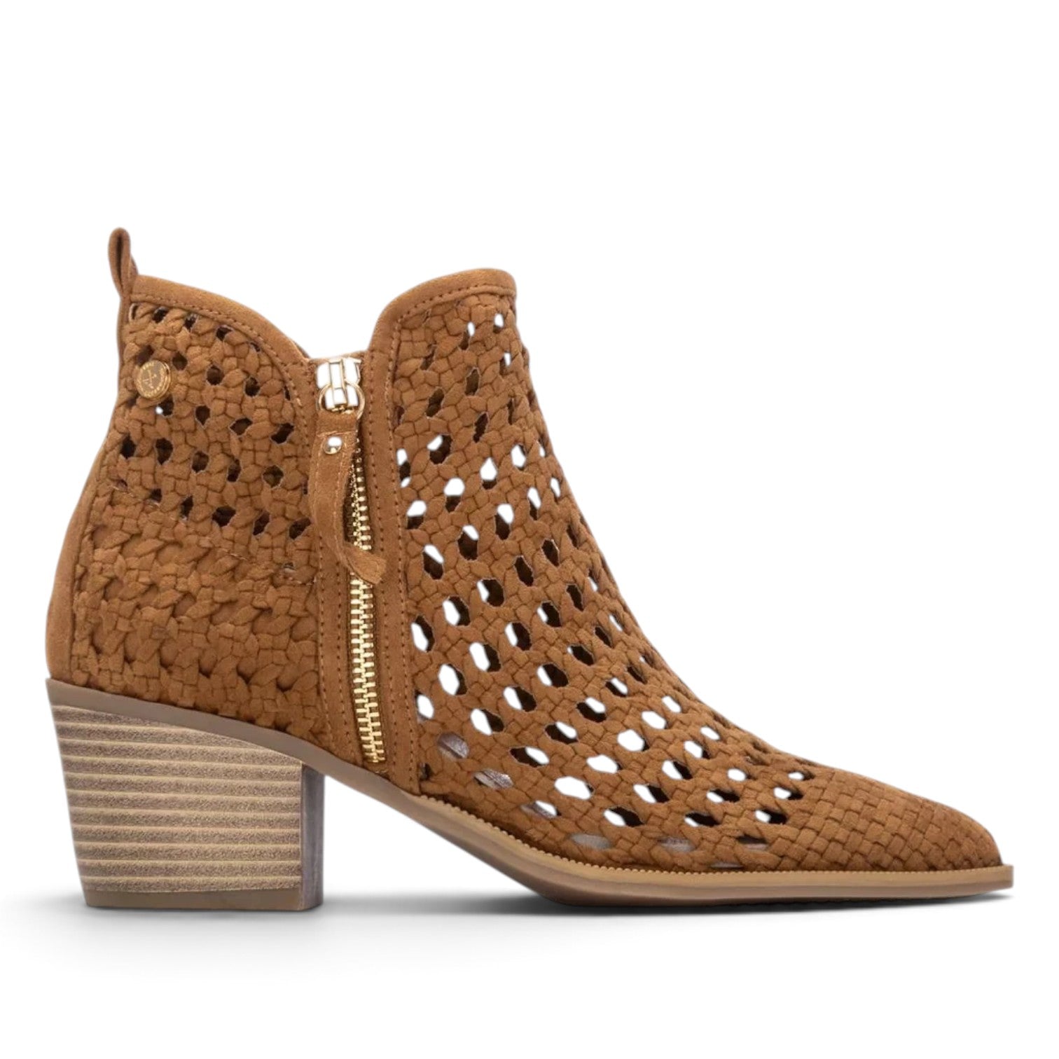 ShoeShop XTI 145267 tan brown woven cutout ankle boots with a side zipper and stacked block heel