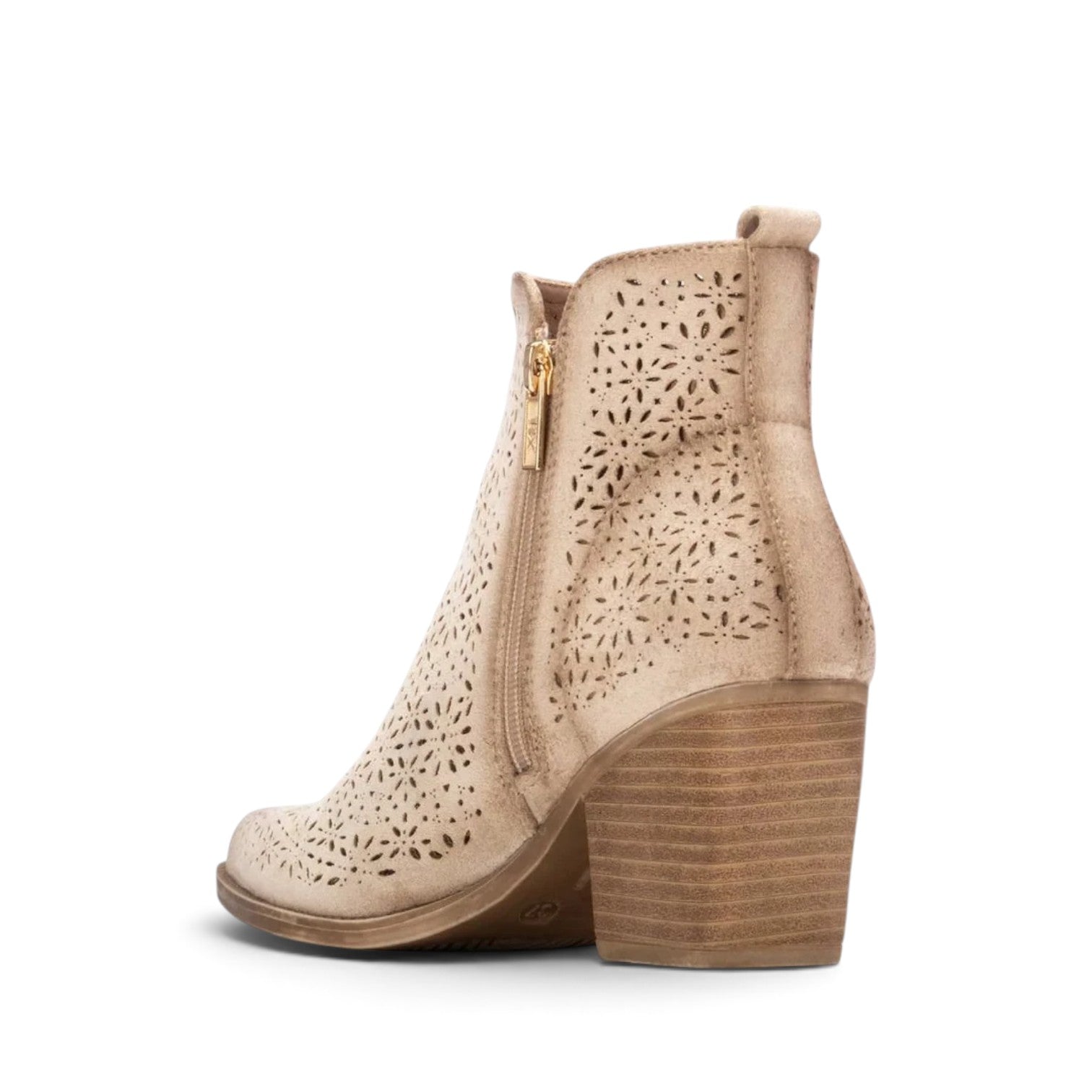 ShoeShop XTI beige ankle boots with laser-cut floral patterns, side zipper, and stacked block heel
