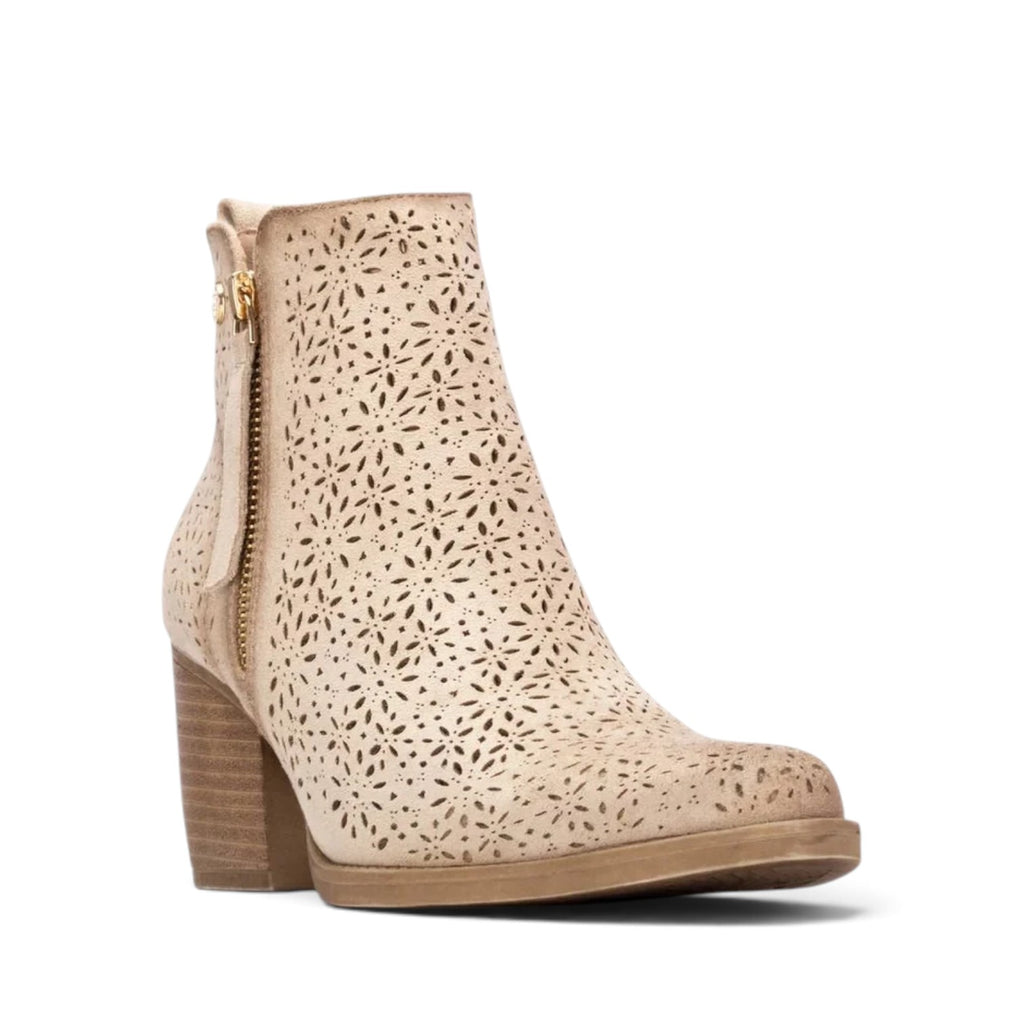 ShoeShop XTI 145037 beige ankle boots with laser-cut floral pattern, side zipper, and stacked block heel