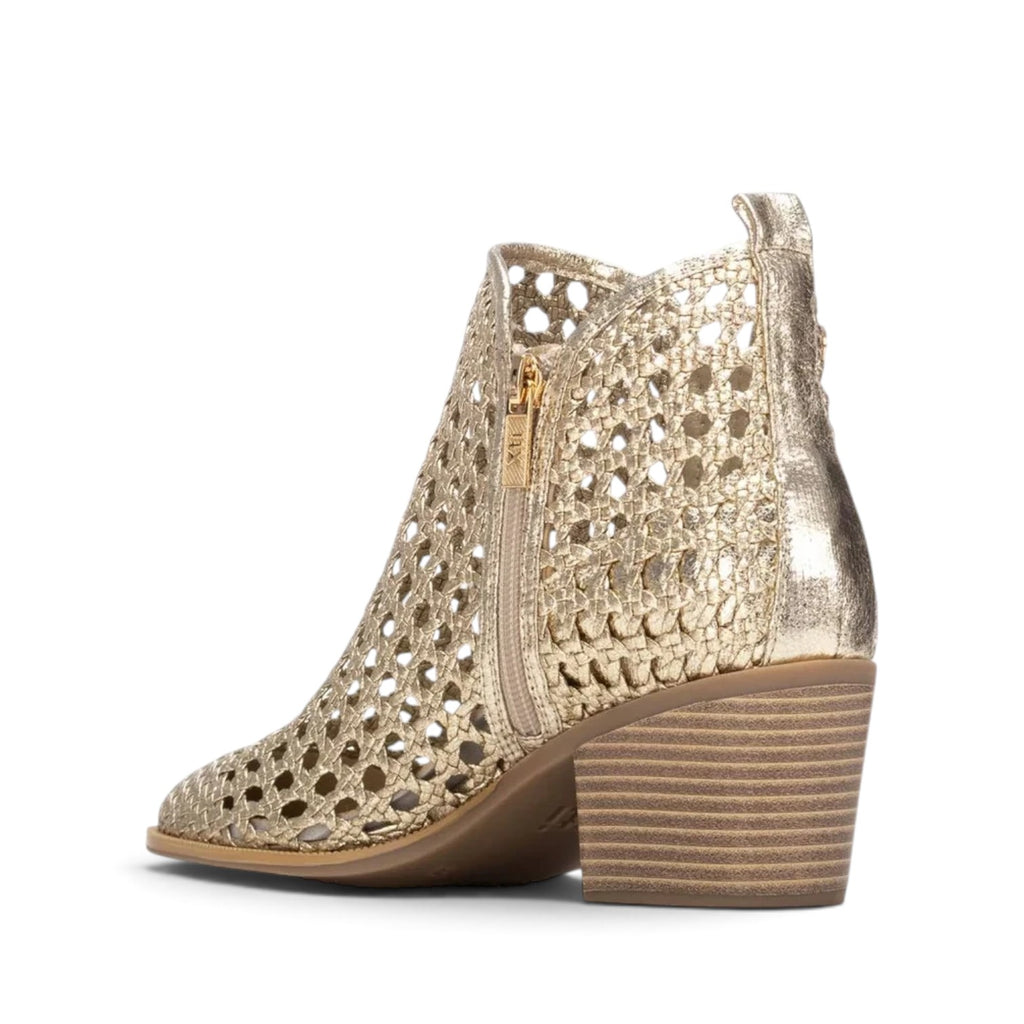 ShoeShop XTI 145267 gold metallic ankle boots with a laser-cut woven pattern, side zipper, and stacked block heel.