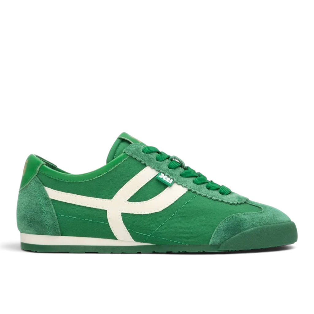 ShoeShop XTI 145218 green low-top sneakers with suede and textile panels and white side detailing