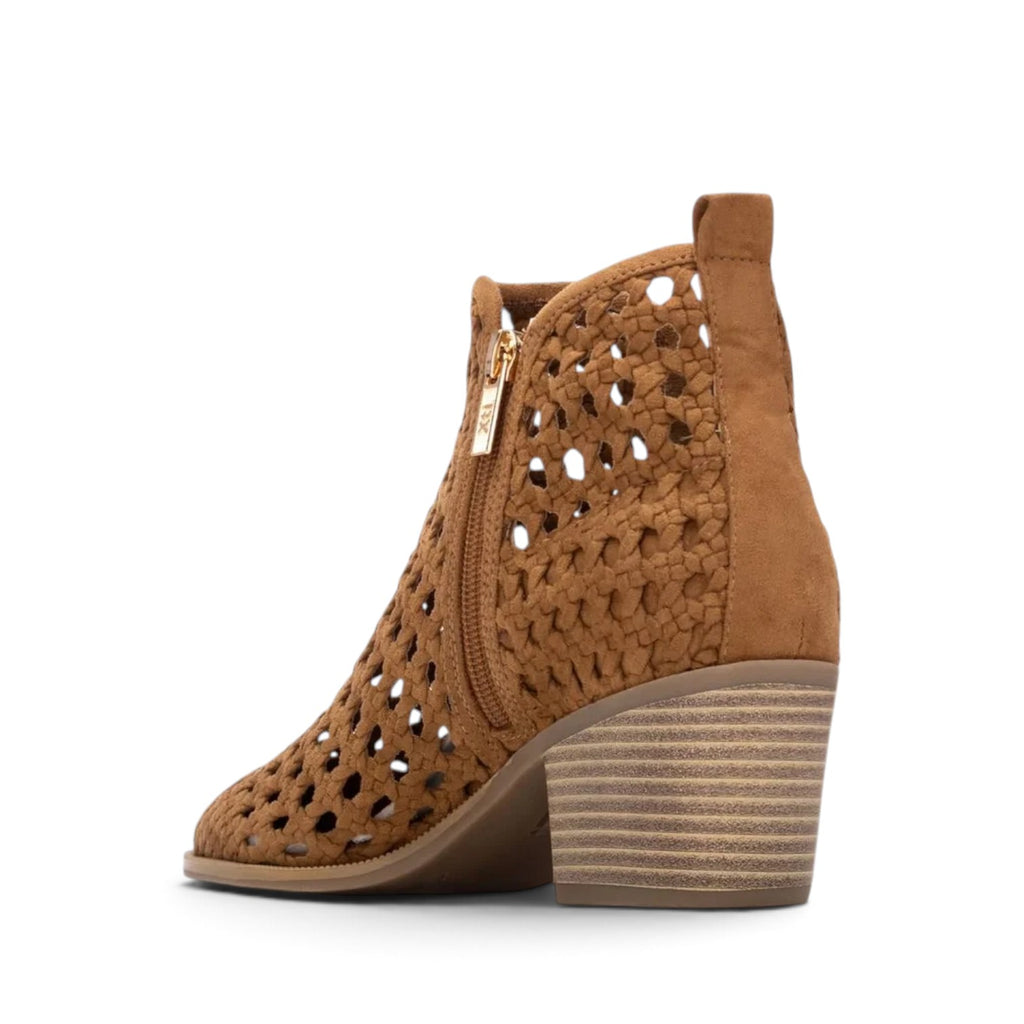 ShoeShop XTI tan suede ankle boots with laser-cut woven pattern, side zipper, and stacked block heel