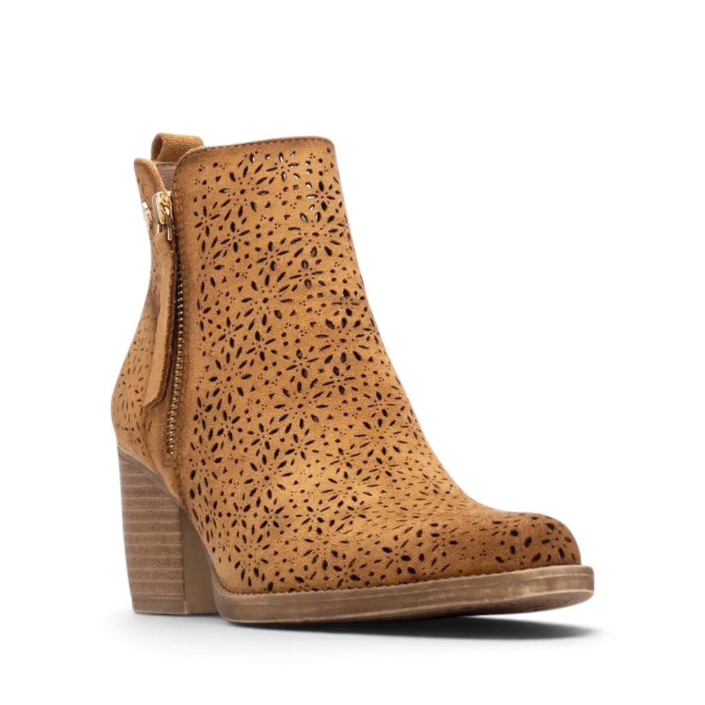 ShoeShop XTI 145037 tan ankle boots with laser-cut floral patterns, side zipper, and a stacked block heel