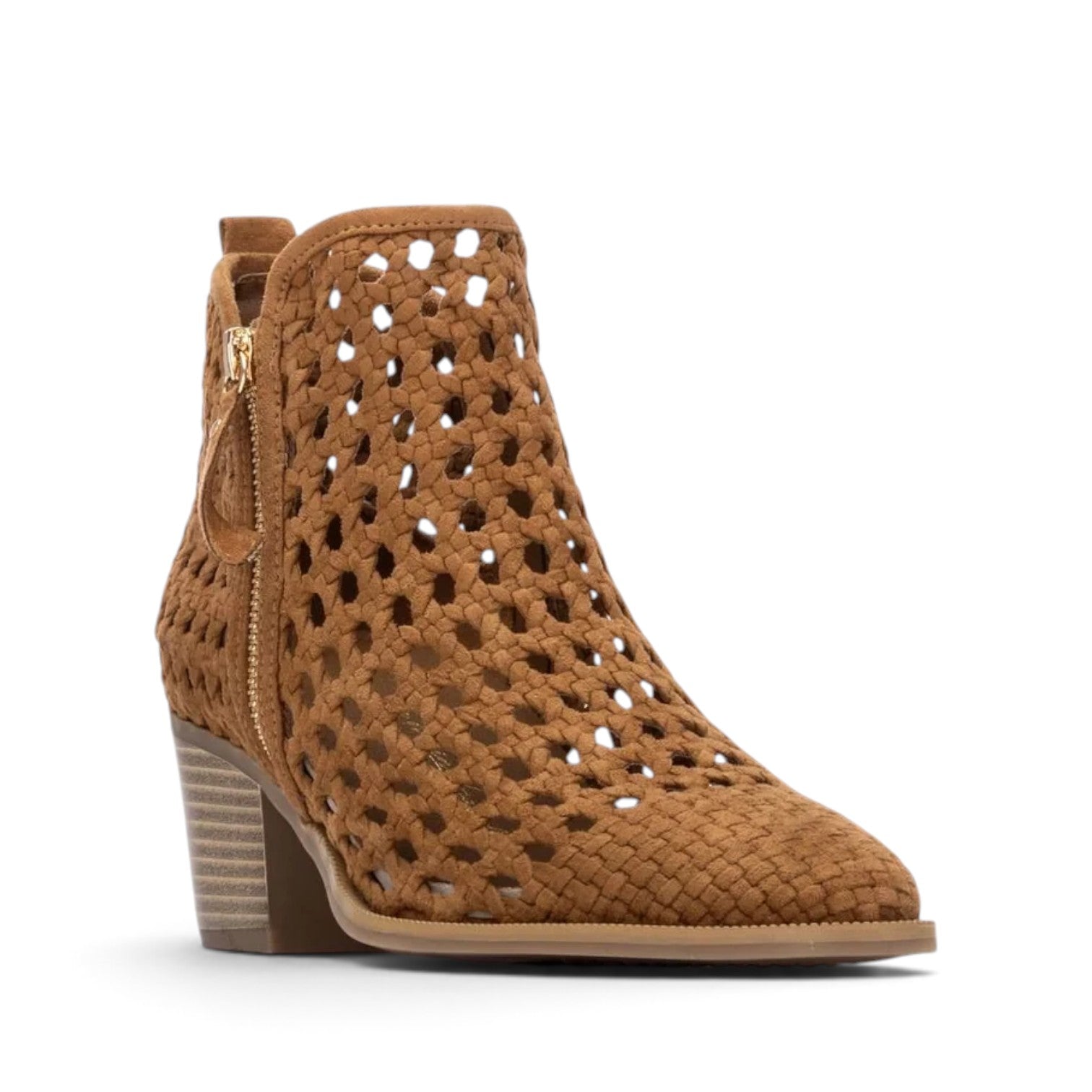ShoeShop XTI 145267 tan brown ankle boots with a woven cutout design and a side zipper closure