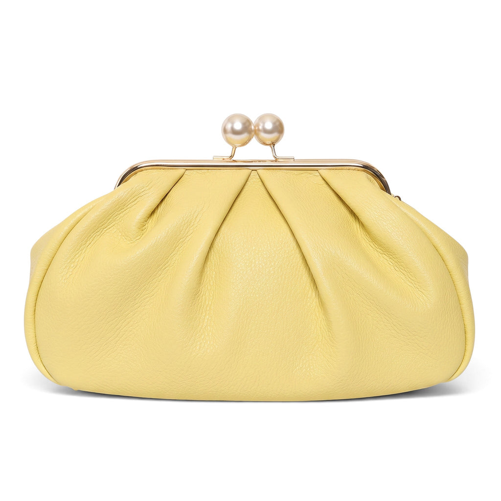 ShoeShop yellow leather Pasticcino clutch bag with a gold frame and pearl-style clasp closure