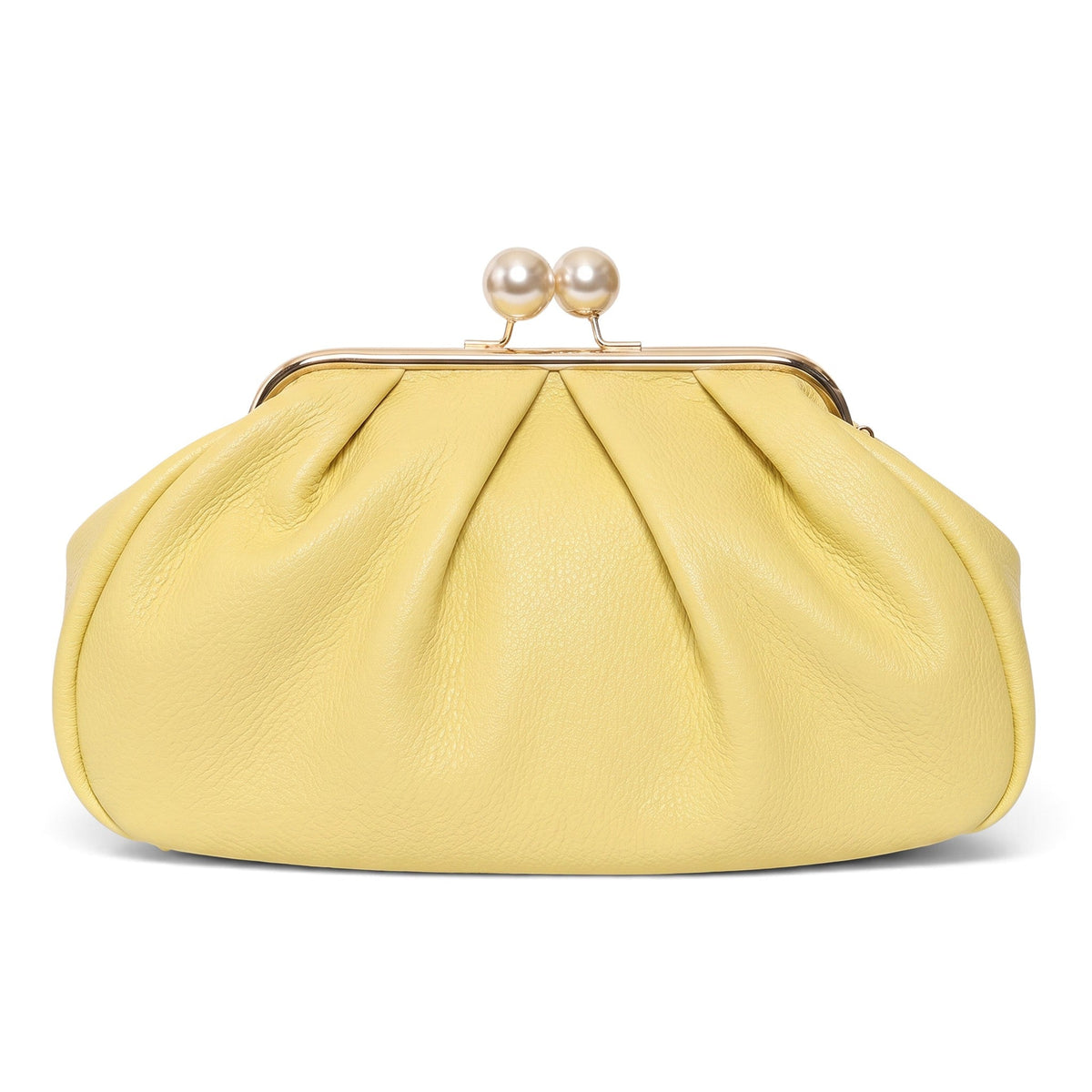 ShoeShop yellow leather Pasticcino clutch bag with a gold frame and pearl-style clasp closure