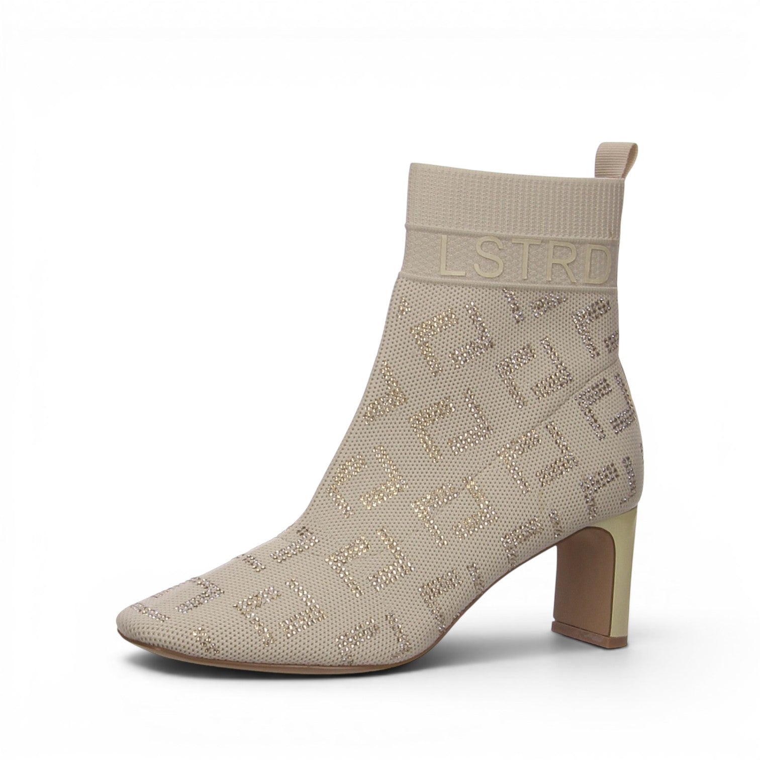 ShoeShop beige textile ankle boots with all-over gold logo pattern and 6cm block heel.