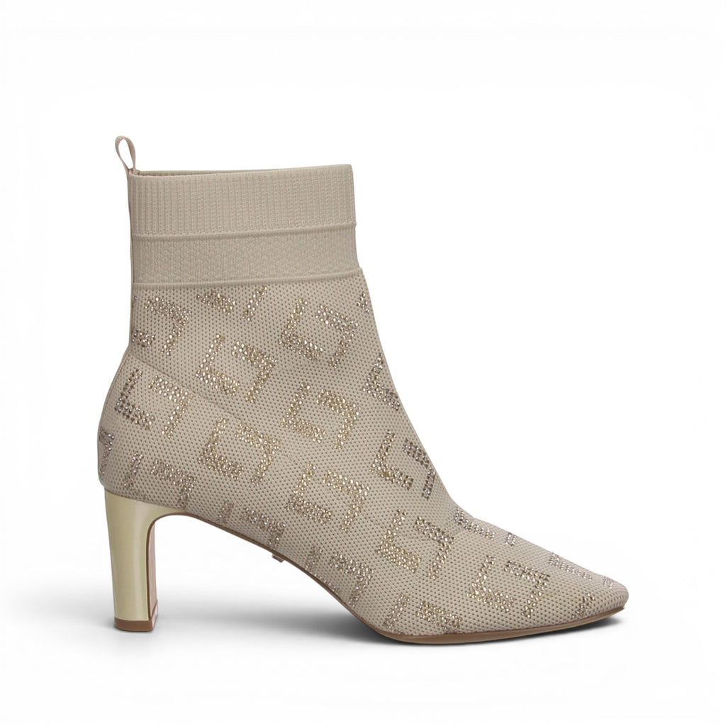 ShoeShop beige textile ankle boots with all-over gold logo pattern and 6cm block heel.