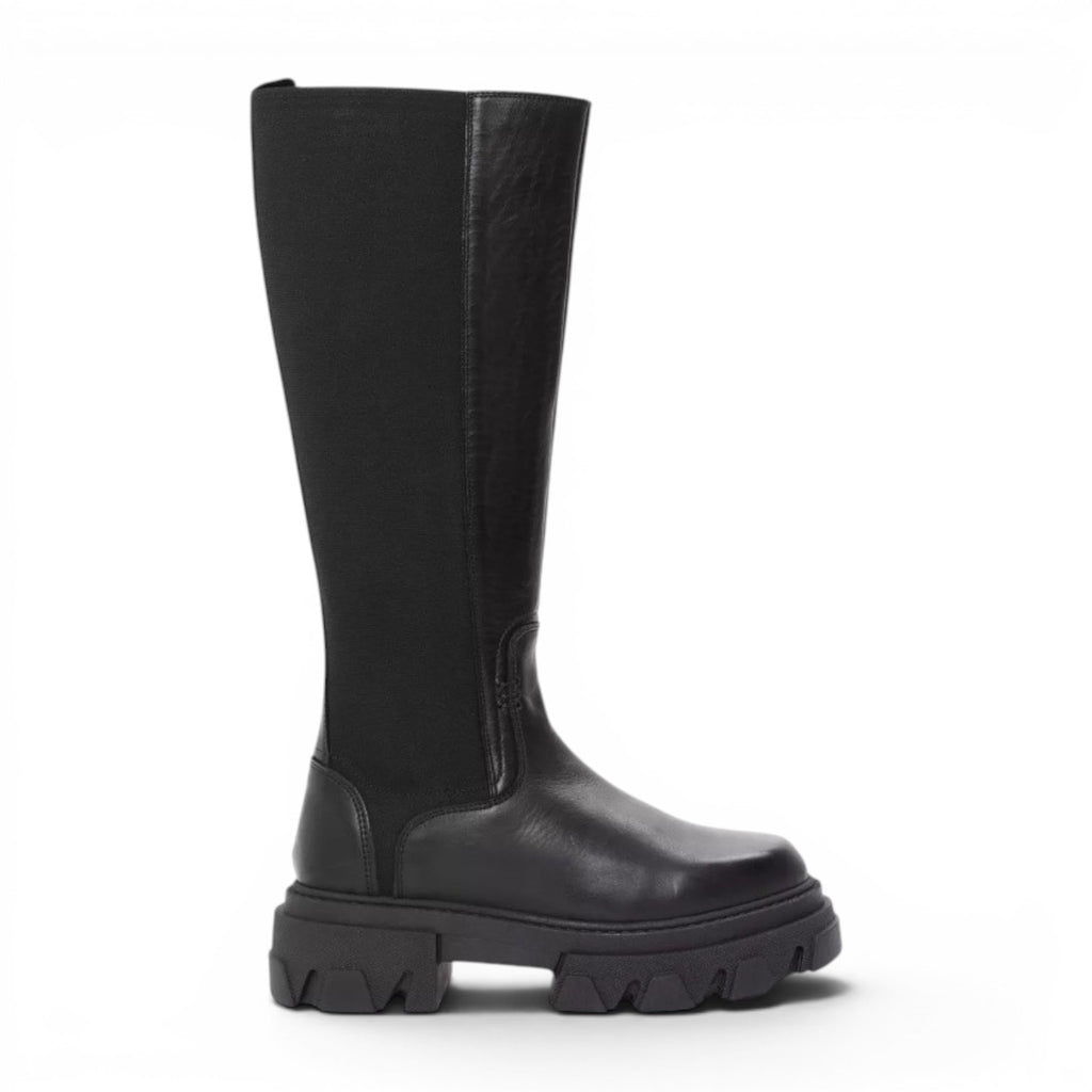 ShoeShop black leather knee-high boots with elasticated shaft and chunky lug sole.