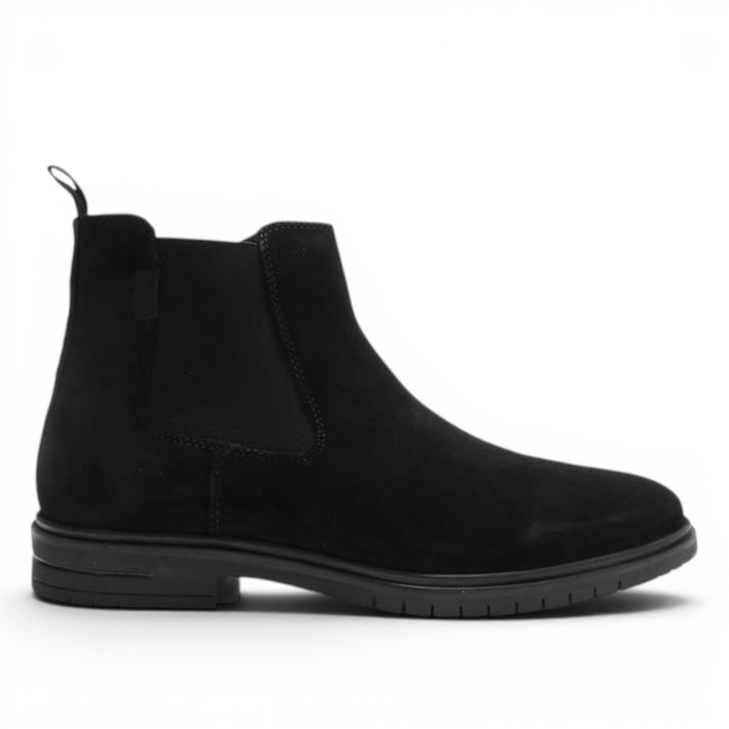 ShoeShop black suede chelsea boots with elastic side panels and pull tab.