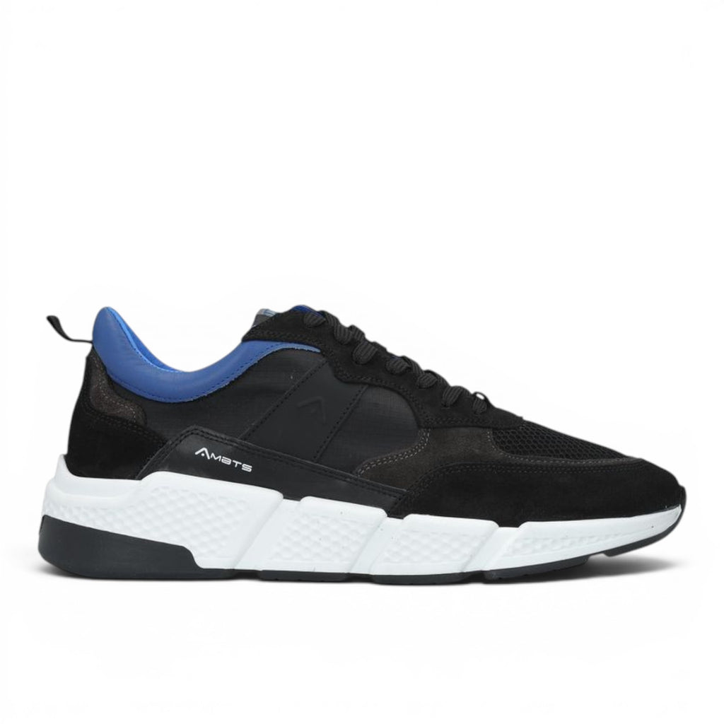 ShoeShop black suede and mesh sneakers with blue accents and a white chunky sole.