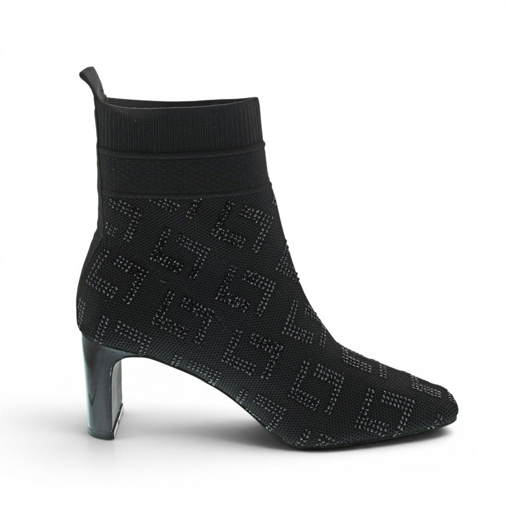ShoeShop black textile ankle boots with a geometric pattern and 6cm heel.