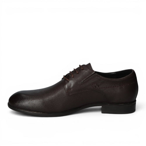 ShoeShop dark brown leather derby dress shoe with 2cm heel and lace-up closure.
