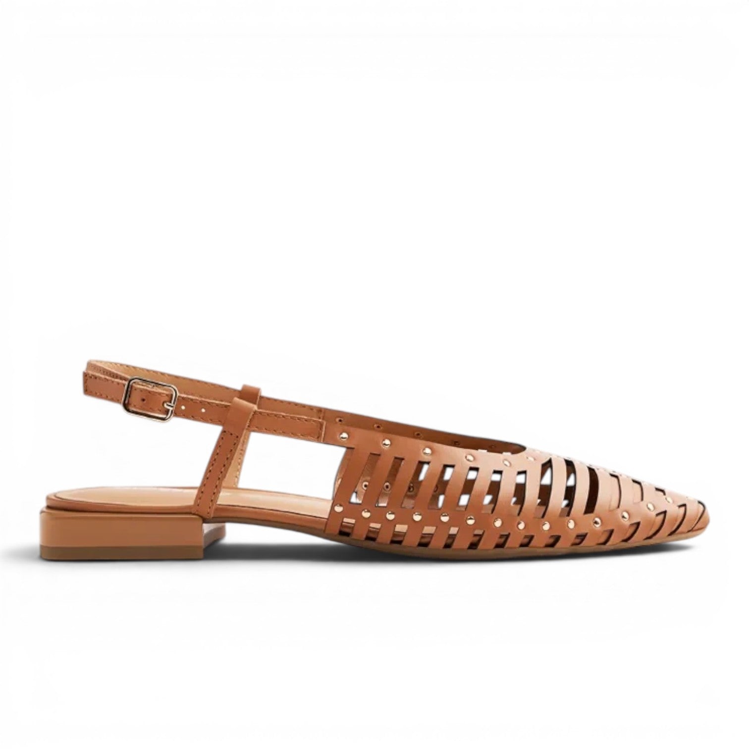 ShoeShop Gioseppo Jericho tan leather slingback flats with woven detail and buckle strap.