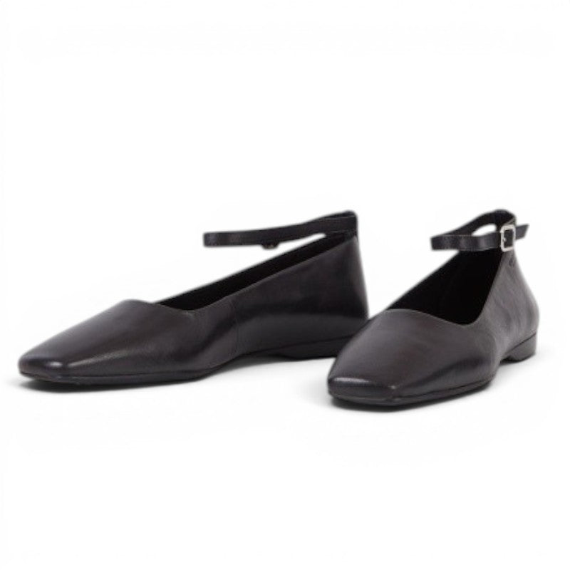 ShoeShopHere black leather Mary Jane inspired flats with adjustable ankle strap and square toe.
