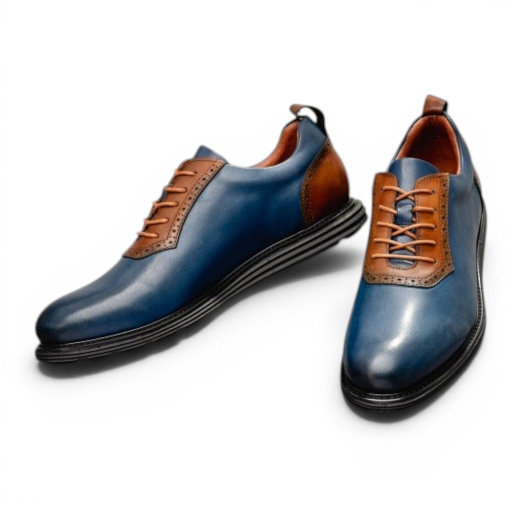 ShoeShopHere blue and brown leather Derby style men's shoes with a sporty rubber sole and two-tone design.