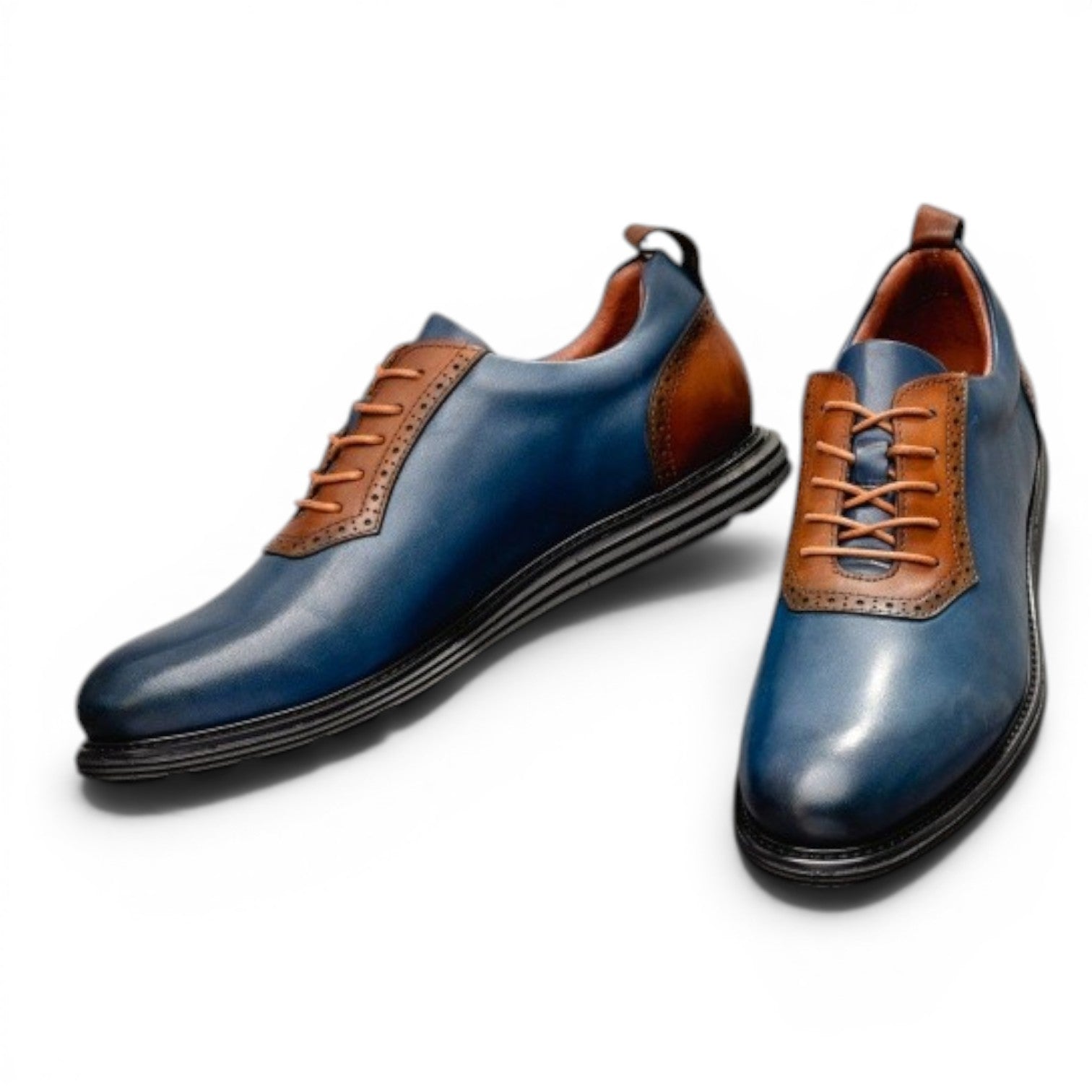 ShoeShopHere blue and brown leather Derby style men's shoes with a sporty rubber sole and two-tone design.