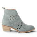 ShoeShopHere light blue suede perforated ankle boots with a block heel and side zipper.
