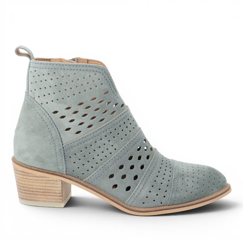 ShoeShopHere light blue suede perforated ankle boots with a block heel and side zipper.