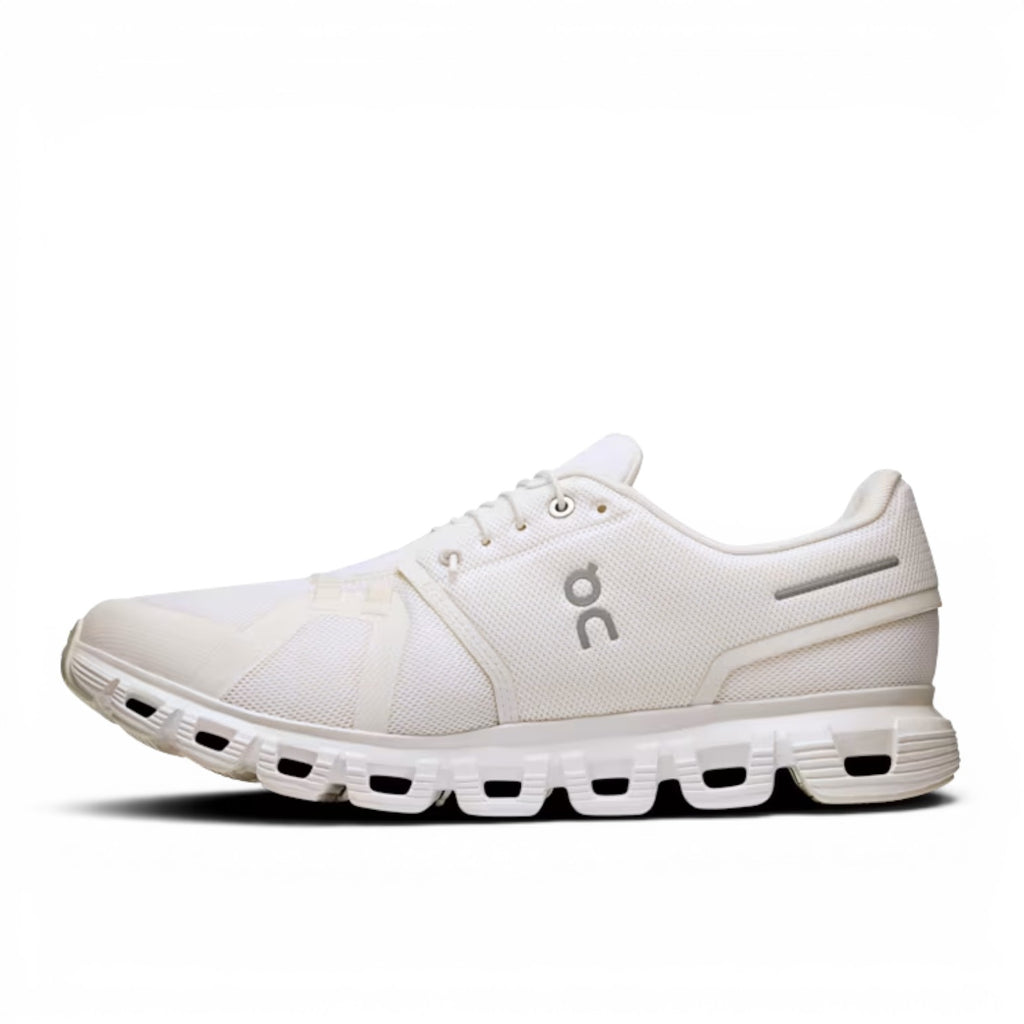 ShoeShopHere white recycled polyester ON Cloud 6 running shoe with Zero-Gravity CloudTec cushioning and Speedboard plate.